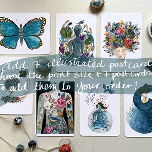 May include: Set of seven illustrated postcards featuring various designs, including a butterfly, a woman with flowers in her hair, a woman meditating, a woman with a bird on her arm, a woman with a heart, and a woman holding a baby. The text on the postcards reads "Add 7 illustrated postcards Choose the print size + 7 postcards to add them to your order! Sending love"