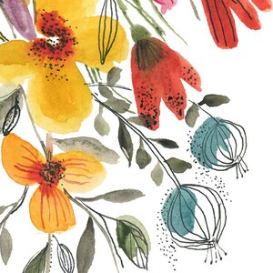 May include: Watercolor painting of a bouquet of flowers with yellow, orange, red, and blue flowers. The flowers are painted in a loose, abstract style with black outlines.