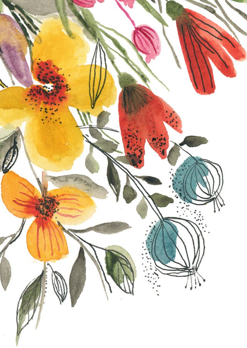 May include: Watercolor painting of a bouquet of flowers with yellow, orange, red, and blue flowers. The flowers are painted in a loose, abstract style with black outlines.