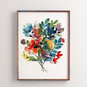 Bloemen kunstprint, aquarel bloemsierkunst, 11x14 bloemenschilderij, wilde bloemen boeket print, rode en blauwe bloemen, botanische muurkunst, inkt afbeelding 4