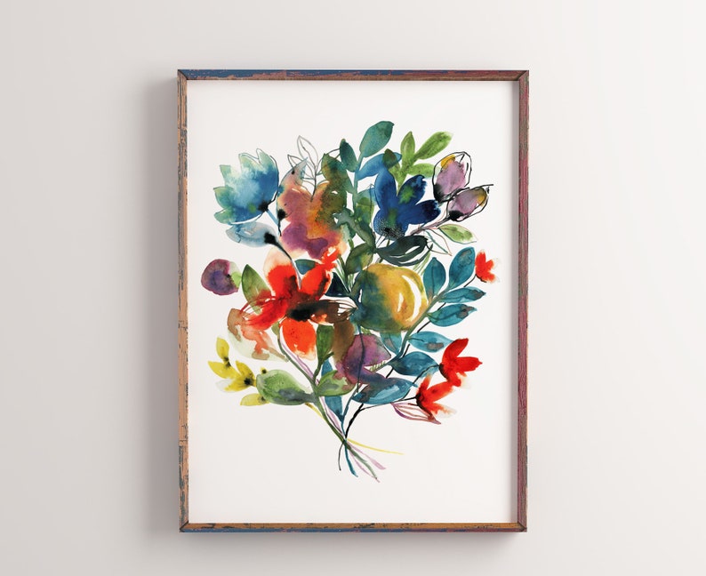 Bloemen kunstprint, aquarel bloemsierkunst, 11x14 bloemenschilderij, wilde bloemen boeket print, rode en blauwe bloemen, botanische muurkunst, inkt afbeelding 4