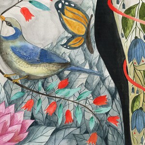 May include: A watercolor painting of a blue bird perched on a branch with red flowers, green leaves, and a butterfly with orange and black wings.
