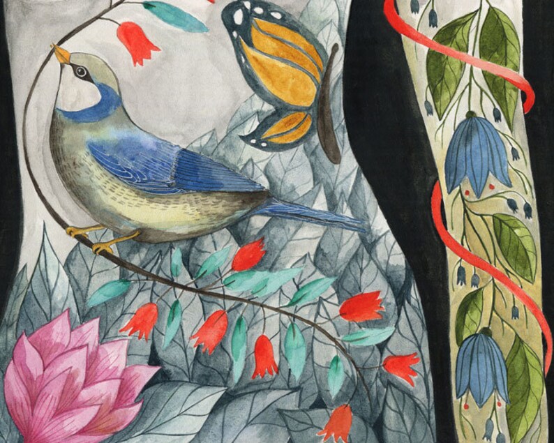 May include: A watercolor painting of a blue bird perched on a branch with red flowers, green leaves, and a butterfly with orange and black wings.