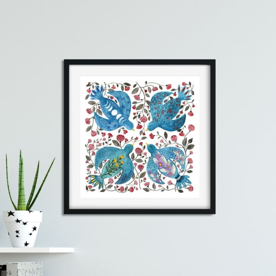 Folk Birds Print, Blue Birds Illustration, Modern Bird Art Print, Watercolor Birds Poster, Square Watercolor Print, Bird Lover Gift