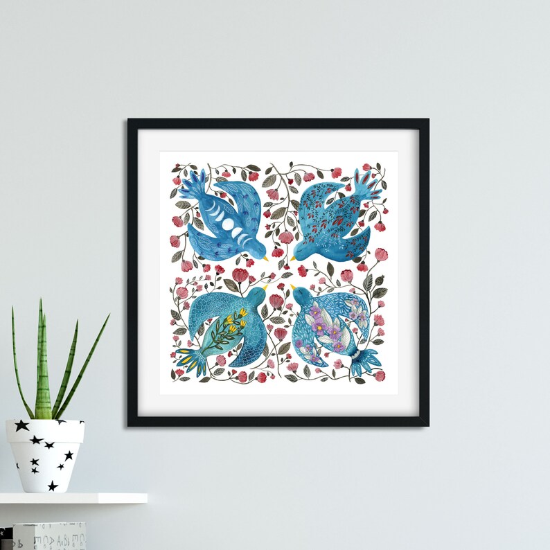 May include: Four blue birds with floral patterns on their wings are depicted in a square frame. The birds are surrounded by pink flowers and green vines. The background is white.
