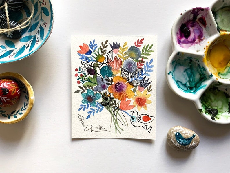Watercolor flowers wall art, Original floral painting, Small watercolor art, Flowers painting, Original watercolor, Mini watercolor painting image 1