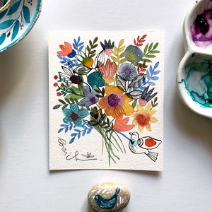 Watercolor flowers wall art, Original floral painting, Small watercolor art, Flowers painting, Original watercolor, Mini watercolor painting image 2