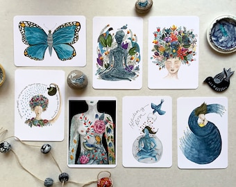 Watercolor postcard set, Illustrated card Set, Inspirational cards, Yoga cards set, Gift under 20, Colorful postcard pack, Mini art cards
