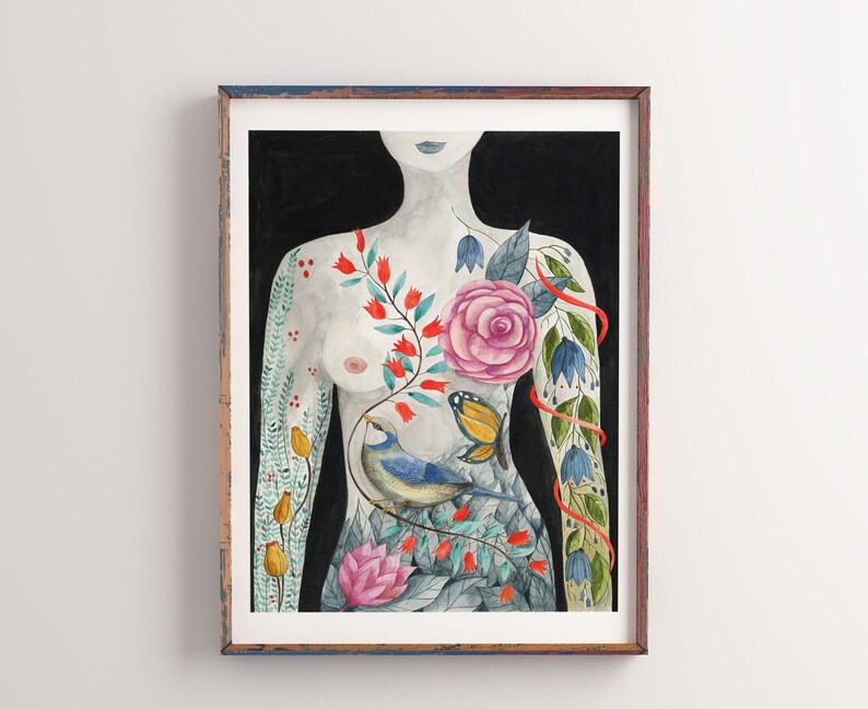 May include: A watercolor painting of a woman's torso with a floral design. The flowers are in shades of pink, red, blue, and green. A small blue bird is perched on a branch in the center of the design.