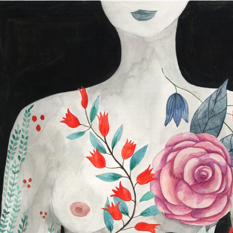 May include: A watercolor painting of a woman's torso with a floral design. The design features red flowers, blue flowers, and a pink rose.