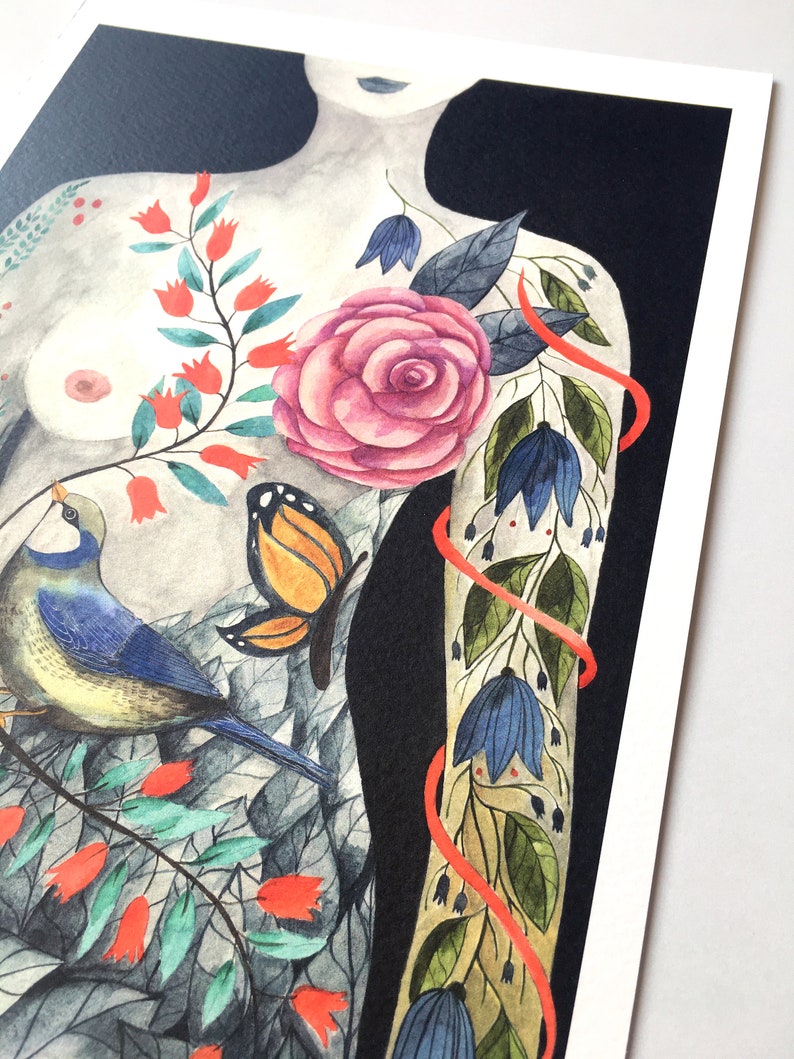 May include: Watercolor painting of a female figure with a floral design on her body. The design includes a pink rose, blue flowers, green leaves, a red ribbon, and a butterfly. A blue bird is perched on a branch of the design.