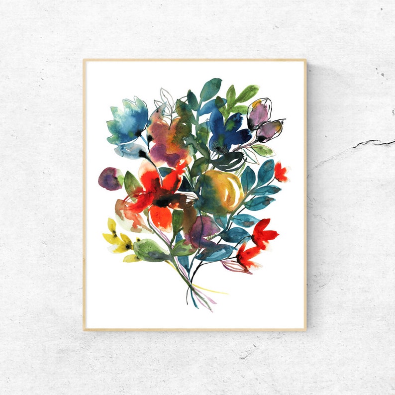 Bloemen kunstprint, aquarel bloemsierkunst, 11x14 bloemenschilderij, wilde bloemen boeket print, rode en blauwe bloemen, botanische muurkunst, inkt afbeelding 3
