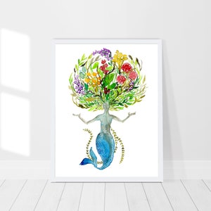 Mermaid print, Watercolor mermaid wall art, Floral mermaid, Mermaid goddess artwork, Whimsical mermaid painting, Mythological wall print image 4