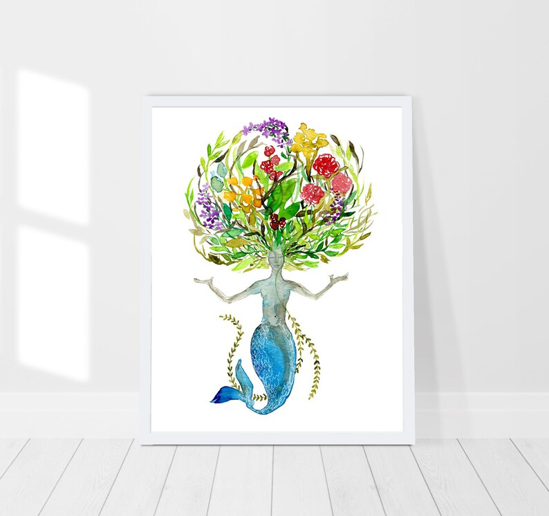 Mermaid print, Watercolor mermaid wall art, Floral mermaid, Mermaid goddess artwork, Whimsical mermaid painting, Mythological wall print image 4