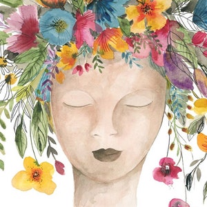 May include: Watercolor painting of a person's face with their eyes closed. The person is wearing a crown of colorful flowers.