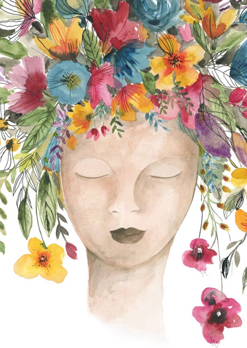 May include: Watercolor painting of a person's face with their eyes closed. The person is wearing a crown of colorful flowers.
