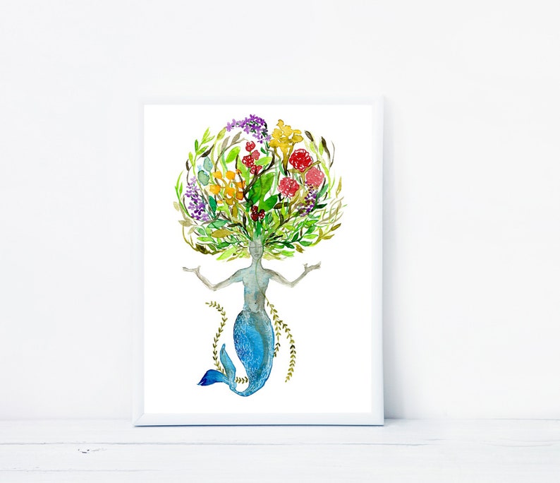 Mermaid print, Watercolor mermaid wall art, Floral mermaid, Mermaid goddess artwork, Whimsical mermaid painting, Mythological wall print image 3