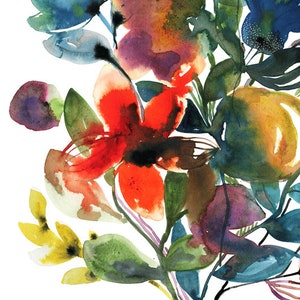 Bloemen kunstprint, aquarel bloemsierkunst, 11x14 bloemenschilderij, wilde bloemen boeket print, rode en blauwe bloemen, botanische muurkunst, inkt afbeelding 2