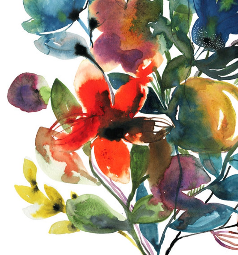 Bloemen kunstprint, aquarel bloemsierkunst, 11x14 bloemenschilderij, wilde bloemen boeket print, rode en blauwe bloemen, botanische muurkunst, inkt afbeelding 2