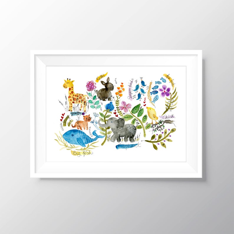 Colorful Animal Art Watercolor Kids Illustration Print Etsy