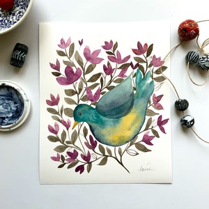 Original watercolor painting bird, Bird wall Art, Animal Watercolor Wall Art, Botanical painting, Original Bird Illustration, Bird artwork image 3