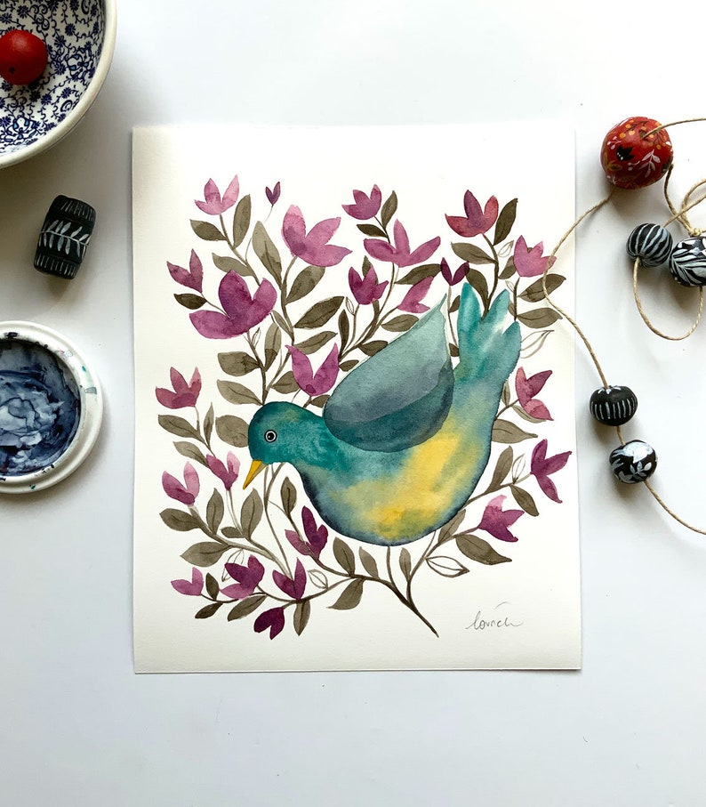 Original watercolor painting bird, Bird wall Art, Animal Watercolor Wall Art, Botanical painting, Original Bird Illustration, Bird artwork image 3