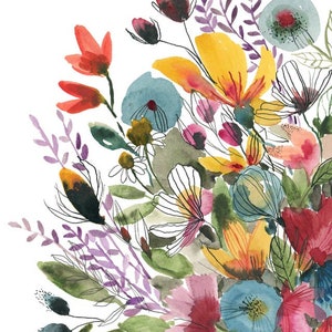 May include: A watercolor painting of a bouquet of flowers in shades of red, yellow, blue, purple, and green. The flowers are arranged in a loose, organic style, and the painting has a soft, romantic feel.