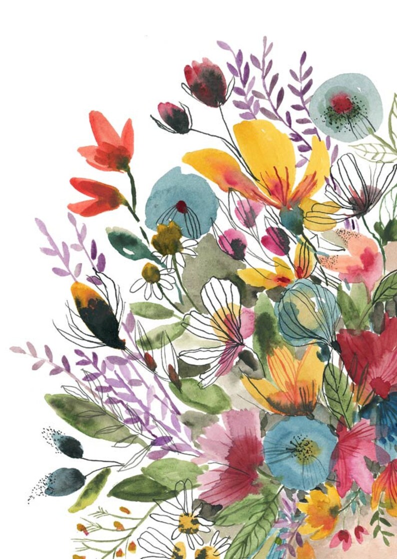 May include: A watercolor painting of a bouquet of flowers in shades of red, yellow, blue, purple, and green. The flowers are arranged in a loose, organic style, and the painting has a soft, romantic feel.