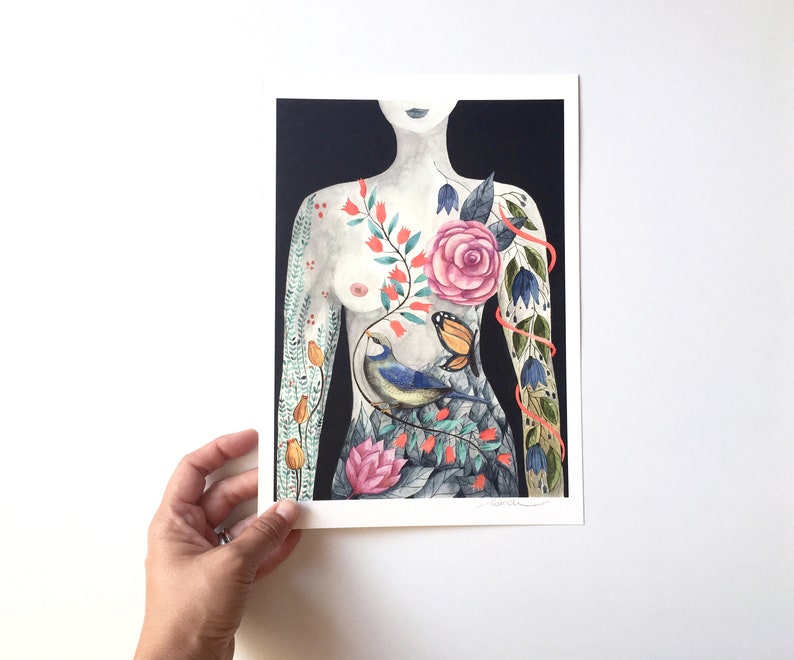 May include: A watercolor painting of a person's torso with a floral design. The design includes a pink rose, bluebells, butterflies, and a blue bird. The background is black.