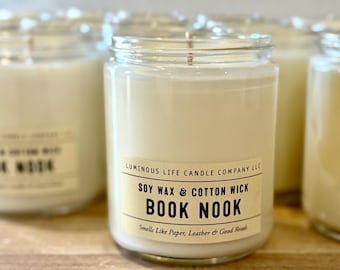 Book Nook Candle: Teakwood, Leather & Cedar Scented Soy Candle