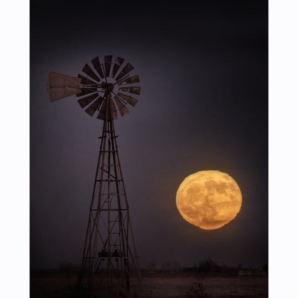 Nebraska Windmill Full Harvest Moon Photography Color Print, Magnet, Canvas, or Greeting Cards