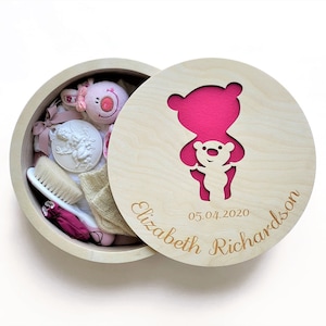Unique Baby Gift Girl Personalized, Wooden Baby Keepsake Box Large, Baby Storage Box with Lid Pink, Bear Baby Gifts for Girls Personalized