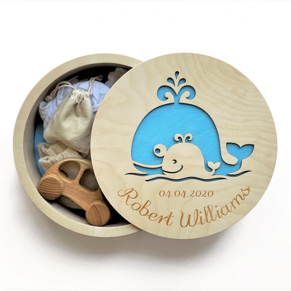 Personalisierte Baby Erinnerungsbox groß, Wal Baby Geschenkbox Geschlechtsneutral, runde Holzbox mit Deckel, Geschenk für Jungen, Geschenk für Junge Wal