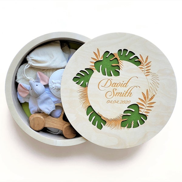 Unique Baby Gifts Gender Neutral, Personalized Baby Keepsake Box with Lid, Engraved Baby Gift Personalized Box, Round Wooden Box with Lid
