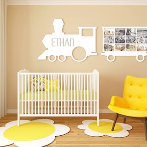 Zug Wanddekor, Zug Dekor, Jungen Kinderzimmer Namensschild, Mein erstes Jahr Rahmen, Multi-Fotorahmen, Baby-Fotorahmen, Zug Zeichen, Zug Wandkunst