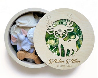 Custom Wooden Box, One Year Old Boy Birthday Gift, Christening gift for boy, Engraved Memory Box, Baby Deer Design, First Communion Gift Boy