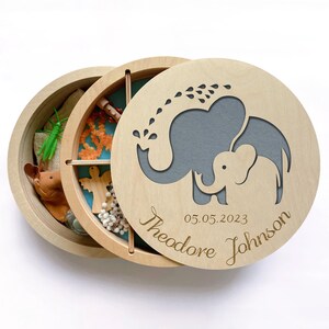 Memory box baby, Keepsake box boy, Elephant nursery decor, Wooden gift, Elephant baby, Round wooden box, Memory box for boy, Box with lid