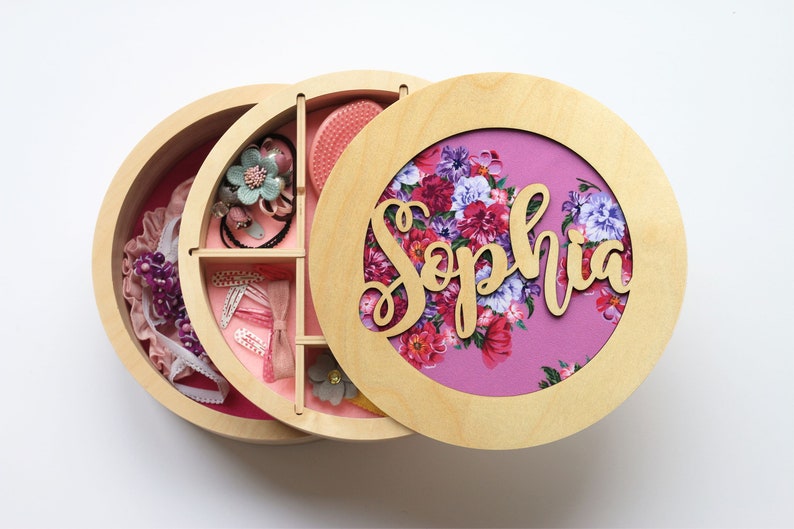 Jewelry box for girl, First birthday gift, Name day gift, Unique gift, Wooden box with 2 levels, Girls Jewelry Box Personalized, For Toddler image 1