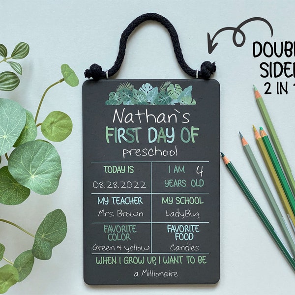 First day of kindergarten sign, First day of preschool sign, Boy first day of school sign, Reusable Double Side Chalkboard Sign for Boy