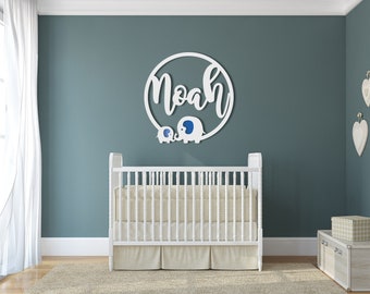 Baby Name Sign, Wooden Name Sign, Custom Name Sign, Nursery Name Sign, Large Name Sign, Wood Wall Decor, Baby gift, Round Elephant Sign