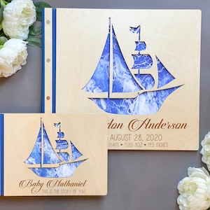 Album di ritagli di avventure, album fotografico per bambini, sogna in grande il piccolo, libro fotografico per bambini, l'avventura attende, libro di avventure, veliero, regalo in legno
