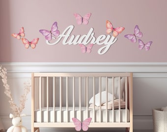 Butterfly name sign for nursery or butterfly birthday backdrop in pink and purple colors, Wooden butterflies with name for wall decoration