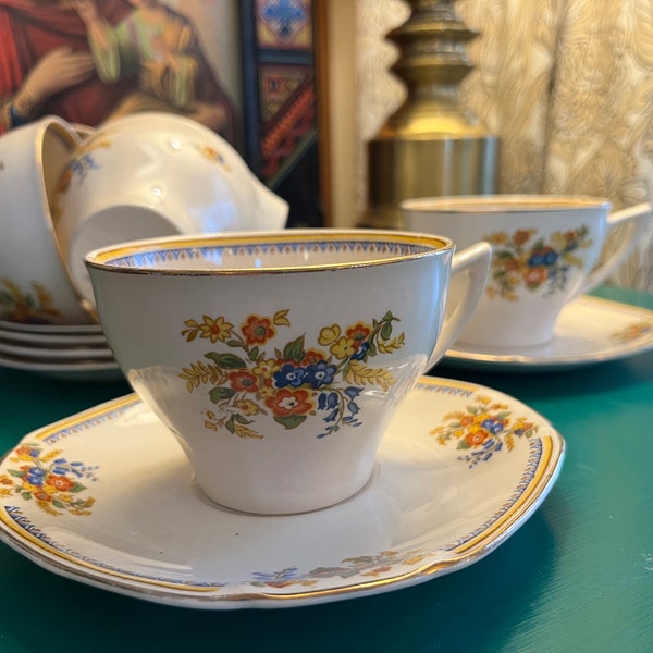 Set of Six John Maddock and Sons Royal Cameronian Tea Cups and Saucers