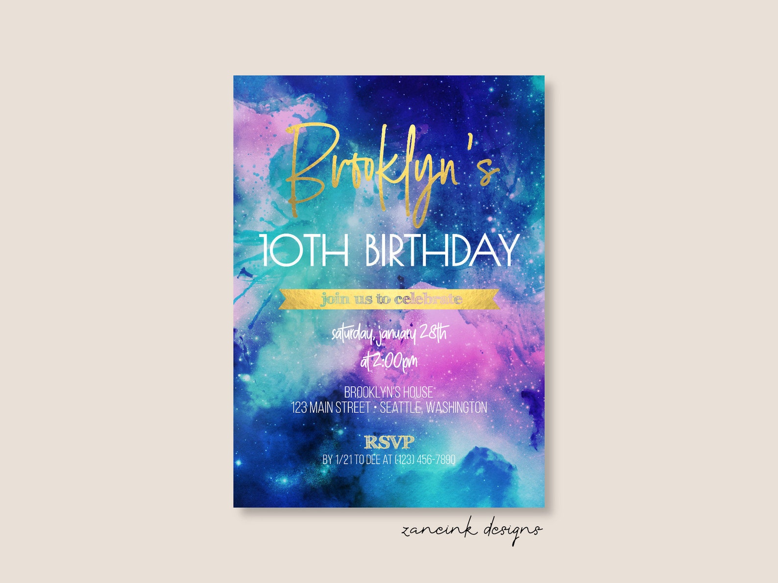 Galaxy Birthday Invitation Galaxy Party Invitation Gold | Etsy