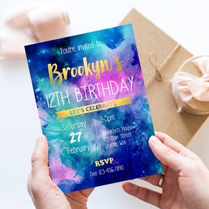 Galaxy Birthday Invitation, Galaxy Party Invitation, Gold Font, 10th ...