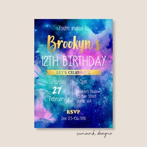 Galaxy Birthday Invitation, Galaxy Party Invitation, Gold Font, 10th Birthday, Printable, Digital