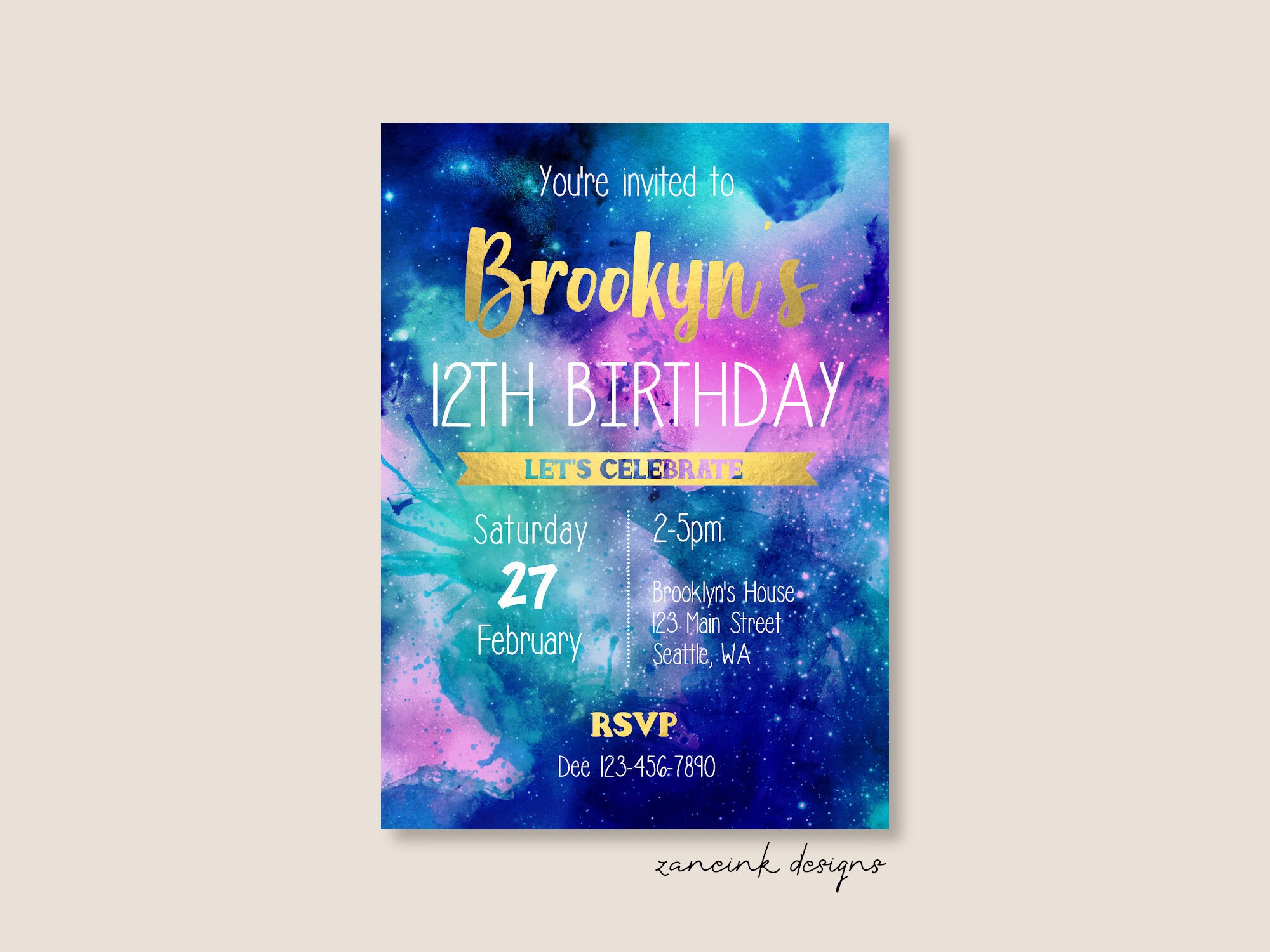 Galaxy Birthday Invitation Galaxy Party Invitation Gold - Etsy