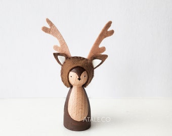 DEER Wooden Peg Doll | Animal Peg Doll | Felt Peg Doll