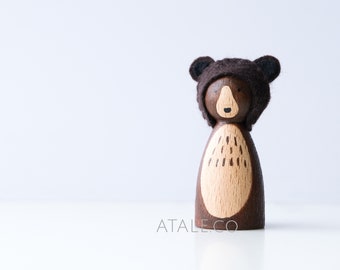 BEAR Wooden Peg Doll | Animal Peg Doll/Felt Peg Doll/Figurine/Decor/Woodland Play/Pretend Play