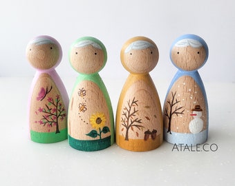 Season Peg Dolls Set | Spring/Summer/Autumn/Winter Fairies | Wooden Figurines for Waldorf/Season Table